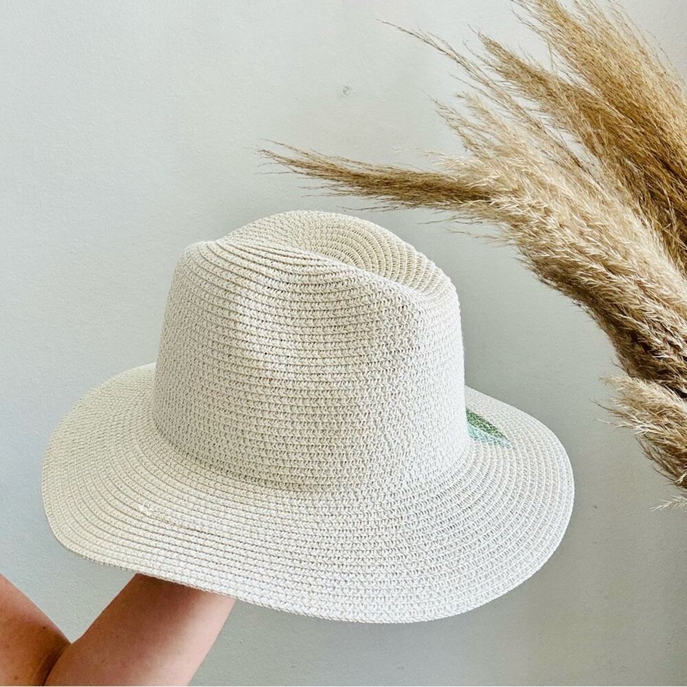 VINTAGE NORDSTROM Cream Tan Straw Wide Visor Brim Green Peacock Fedora Sun Hat - Picture 9 of 11